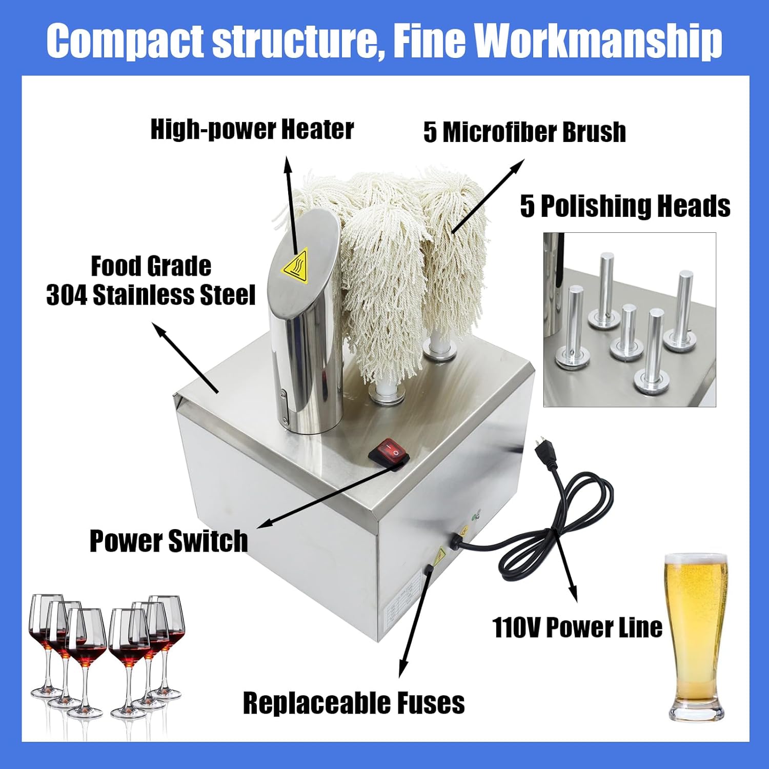 Electric Wine Glass Polisher, Stainless Steel Glass Dryer and Polisher Machine, Commercial Cup Glassware Wiping Machine, with 5 Brushes, 330 Cups/H for Bars Kitchens Restaurants