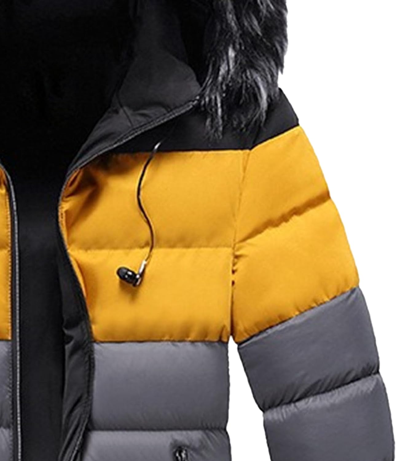Men's Color Block Puffer Jacket Warm Winter Padded Down Coats with Fur Hood Windproof Insulated Quilted Jacket
