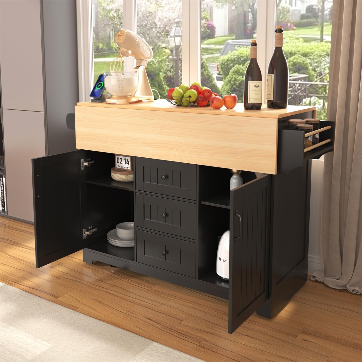 Linique 55.7" W Kitchen Island with 2 Drop Leaf, Moblie Kitchen Cart on Wheels with Storage Cabinet, 3 Drawers, Multifunctional Rolling Dining Table with Power Outlet, Spice & Towel Rack, Black