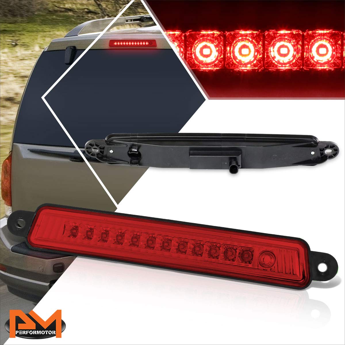 PM PERFORMOTOR Full LED 3rd Third Brake Light High Mount Stop Light Compatible with Armada/Infiniti QX56 04-15,Red Lens