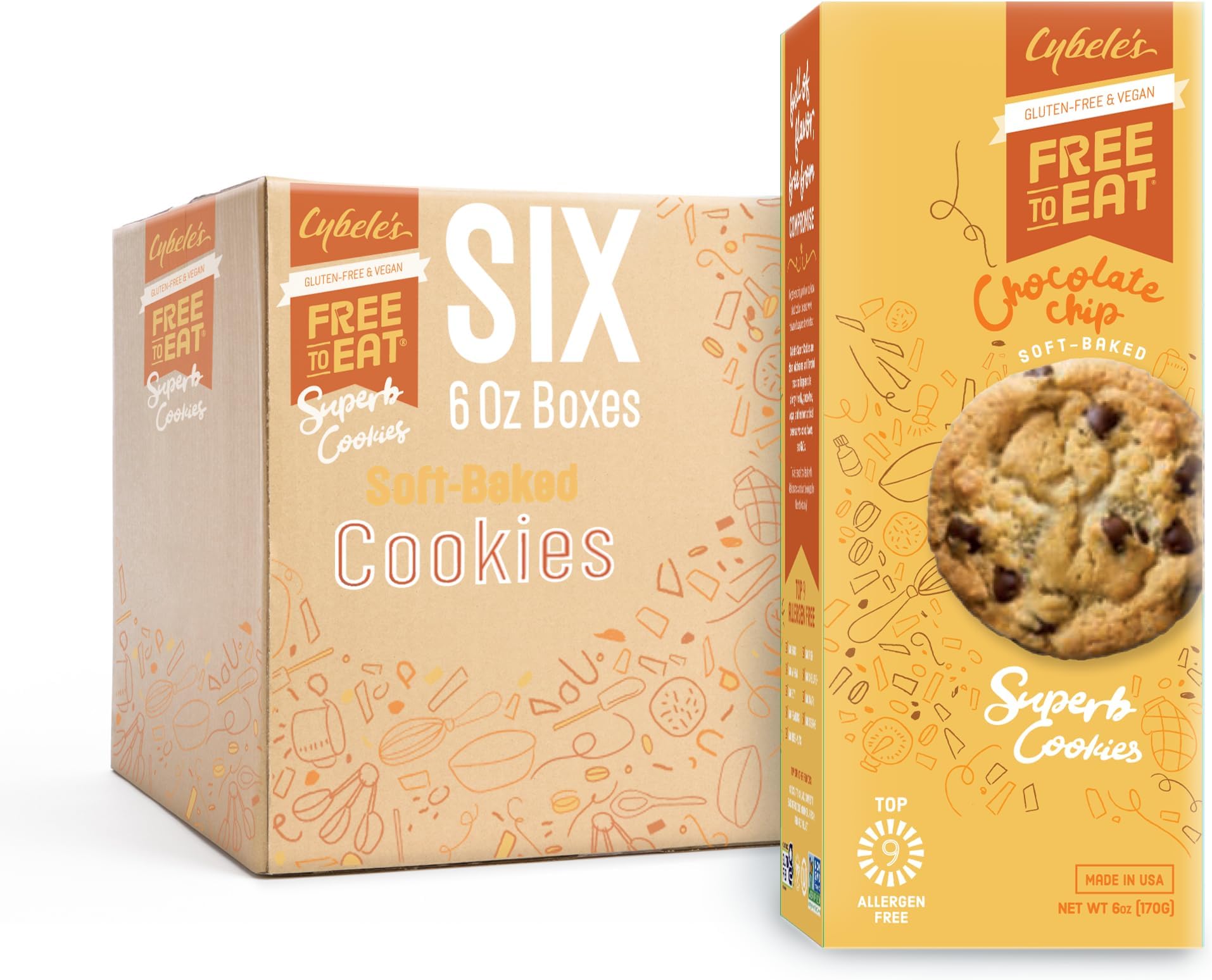 Cybele’s Free To Eat Gluten-Free & Vegan Cookies - Plant-Based, Dairy, Soy, & Nut Free - Soft-Baked School Safe Snack For Kids & Adults - 12 Cookies Per 6 oz Box (Chocolate Chip, Pack of 6)