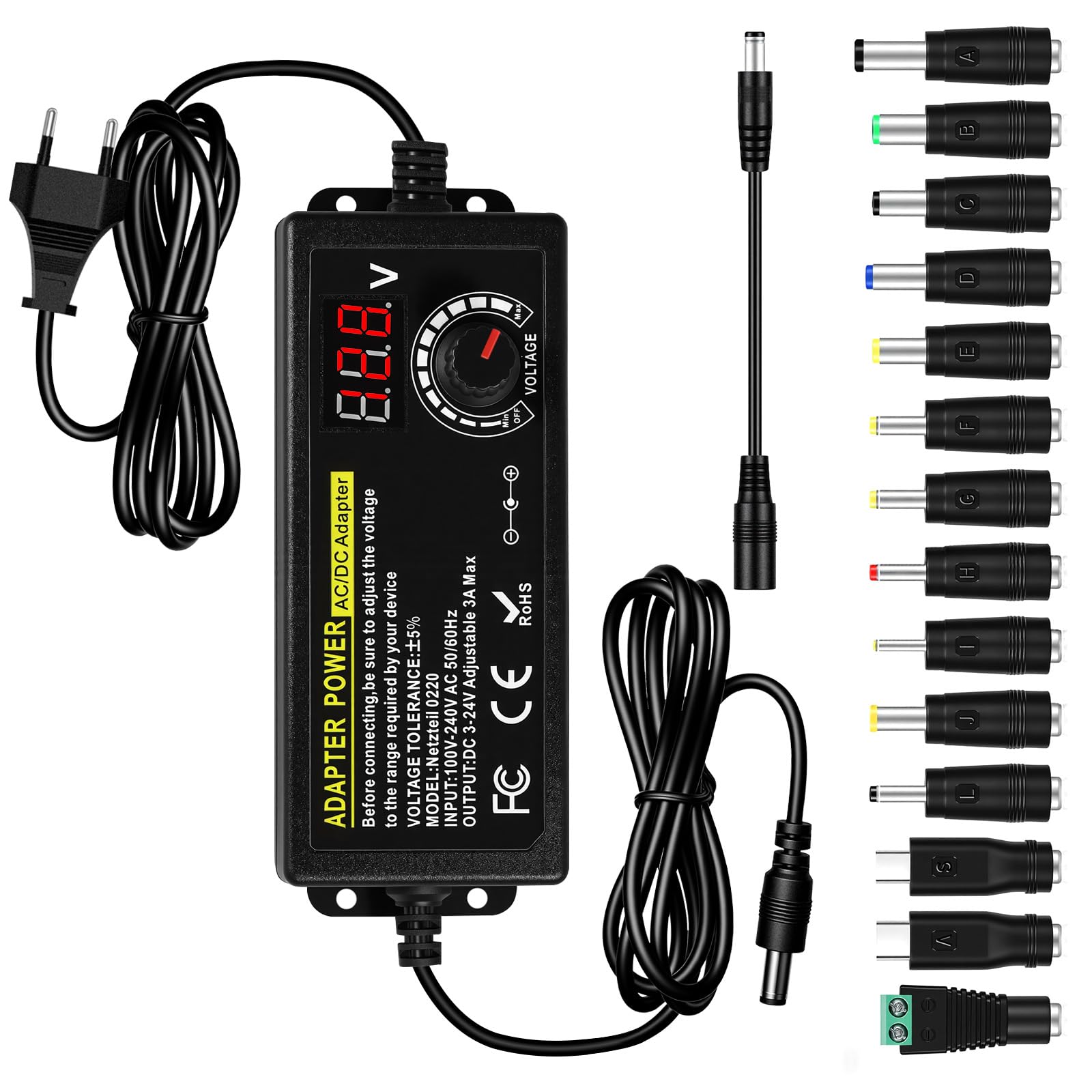 24V 3A 72WAdattatore di Alimentazione Regolabile, 100V-240V Adattatore Universale con 14 Punte, Alimentatore con Indicatore di Tensione LED per Laptop Router Hobby Elettronica - 1
