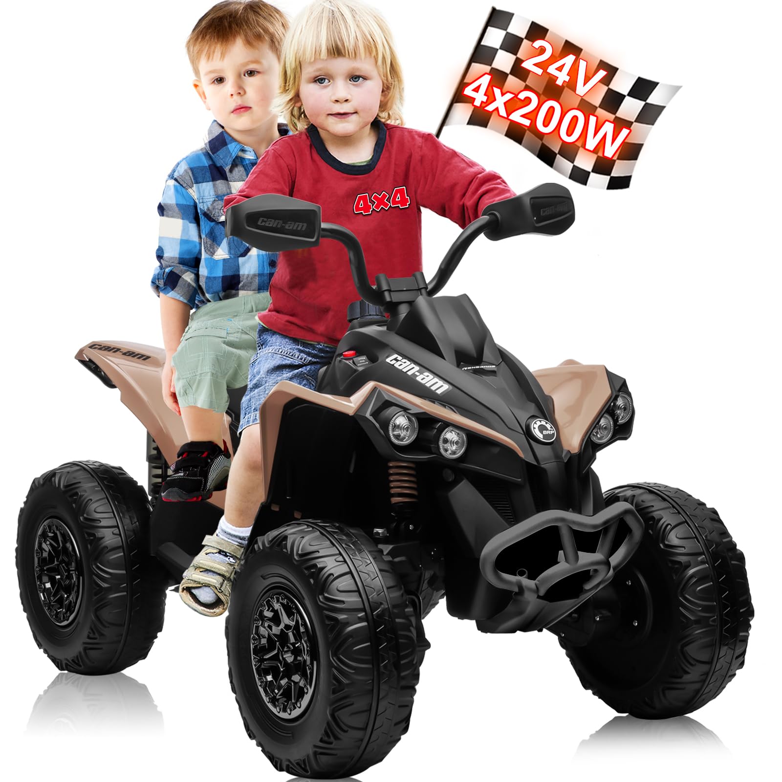 24V 4x4 Kids ATV, 2 Seater Bombardier Licensed BRP Can-am Ride on Toys w/4x200W Power Engine, Bluetooth, LED Lights, USB, Spring Suspension, Electric 4 Wheeler Quad Toy Car for Boys Girls, Khaki