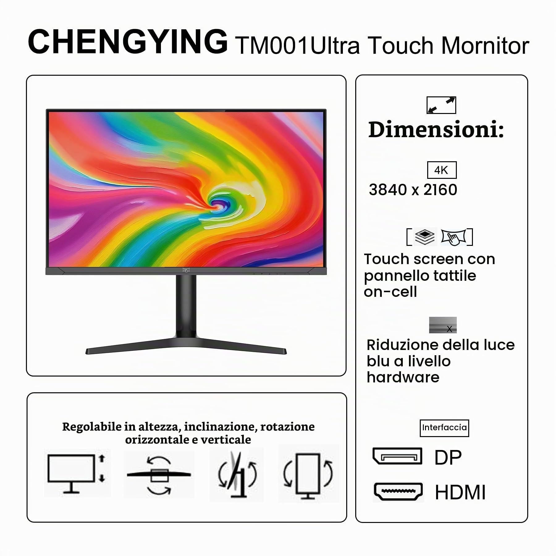 Chengying Monitor Touch Screen | 32 pollici 4K | Touch Monitor con Bordo Ultra Fino | Display Touch On-Cell | 32" Touchscreen | Serie TM001Ultra