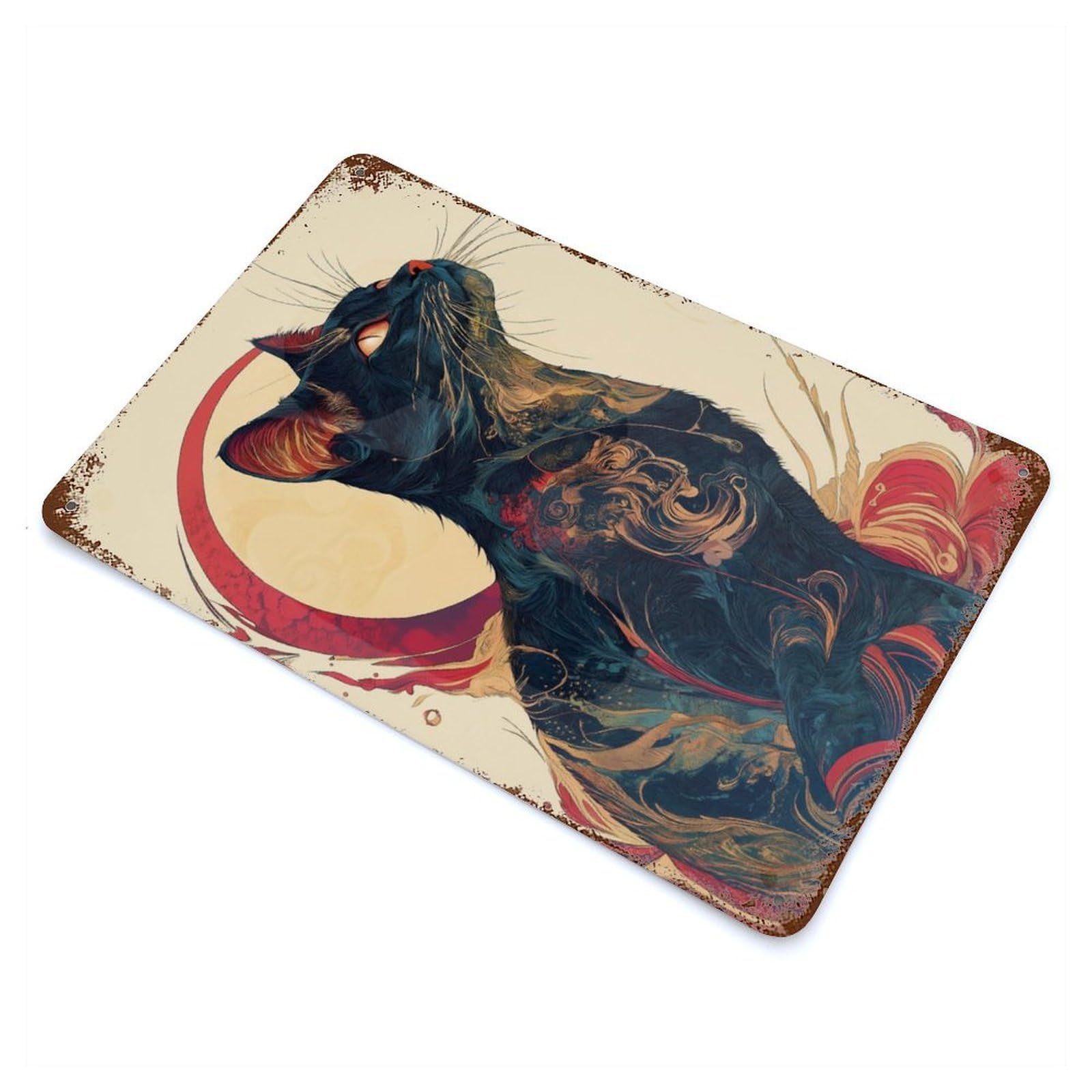 Rustic Tin Plaque with Black Japanese Cute Cat Design 11.8"x7.9", for Pub, Kitchen And Man Cave Decor, Old School Wall Decor