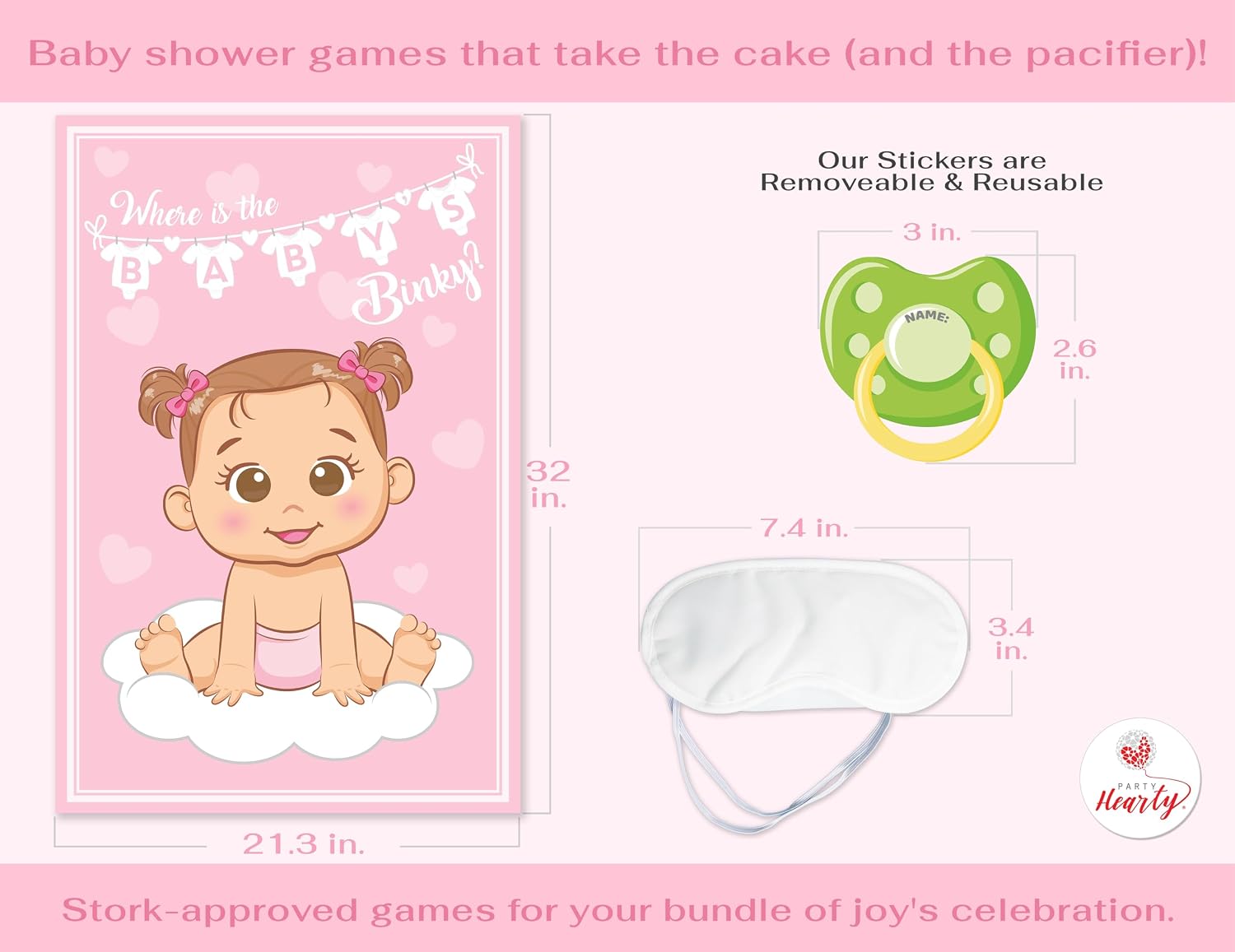 Party Hearty Pin the Pacifier on the Baby, Baby Shower Game - Pink Girl | 1 Large Poster, 56 Colorful Binky Stickers, 1 Blindfold & Double-Sided Tape