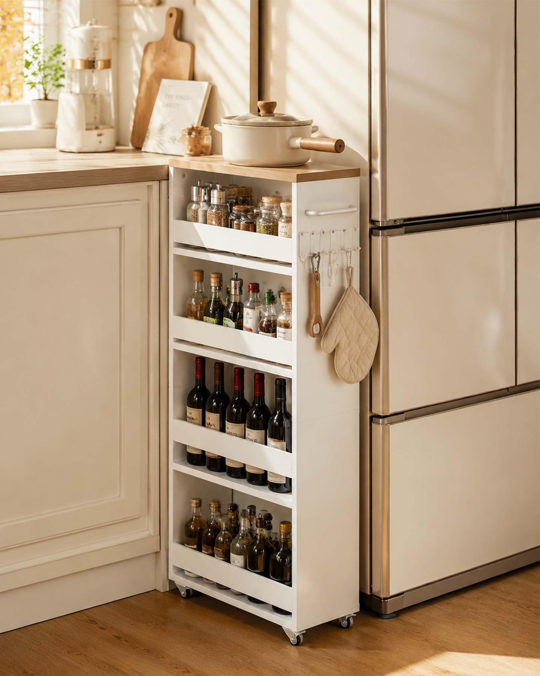 Carrito Organizador Estrecho Blanco 5 Niveles 40×22×108cm Pack de 2 | Cuatro ruedas, dos con freno, facilitan el desplazamiento; el asa lateral y los ganchos añaden espacio de almacenaje