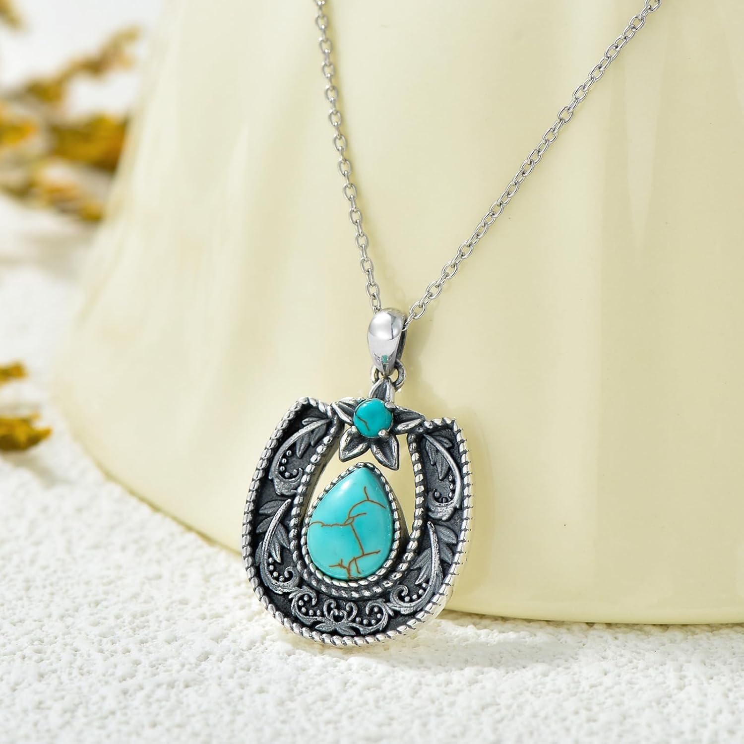 Western Gift Vintage Horseshoe with Natural Turquoise Necklace 925 Sterling Silver Horseshoe Necklace with 18+2 inch Chain for Cowgirl Women (Gift Box) - Image 3