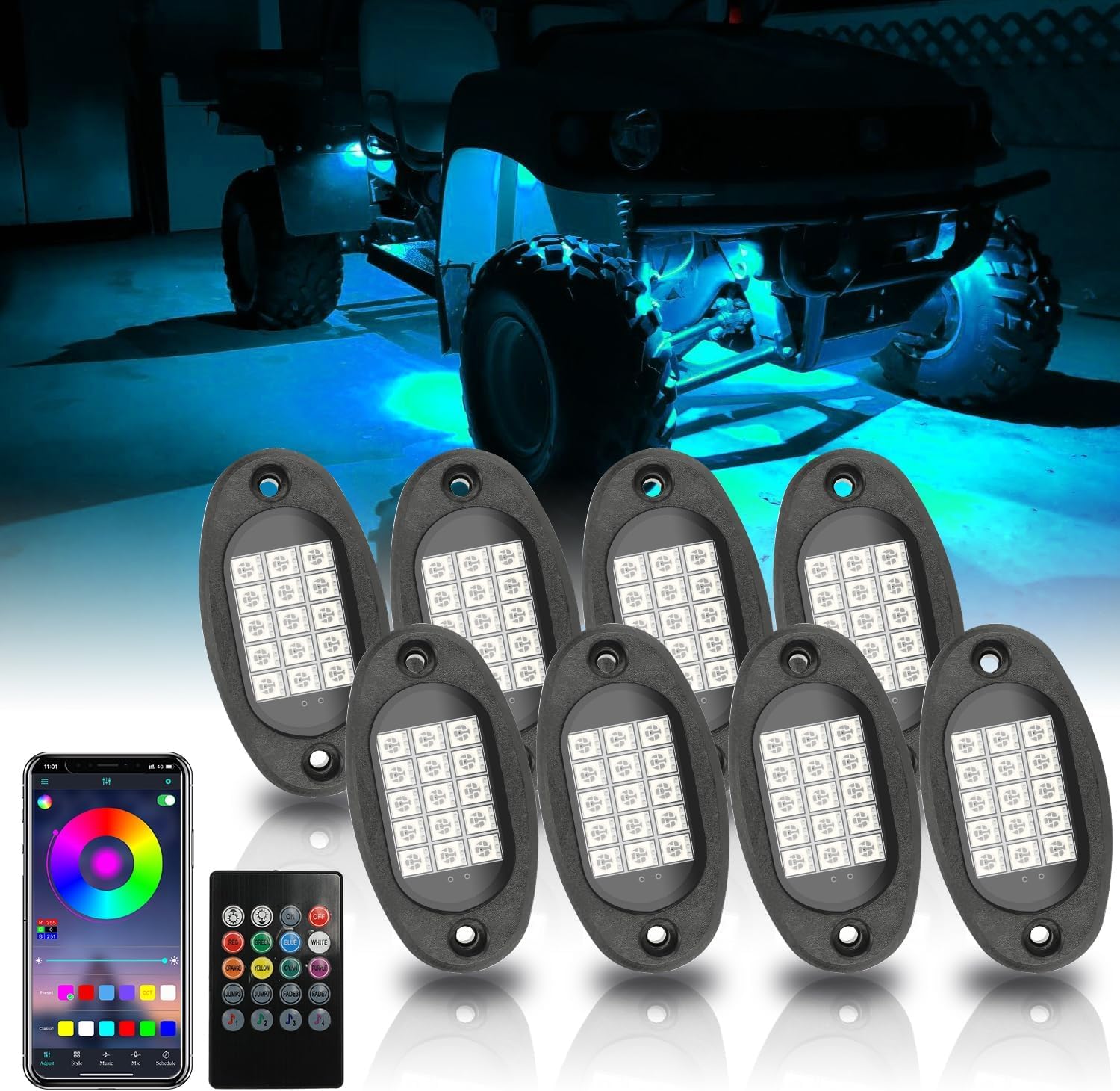 ROCCS 8 Pods RGB LED Rock Lights, Waterproof Under Body Glow Light Lamp Rock Kit for Off Road Car Truck ATV UTV SUV Motorcycle