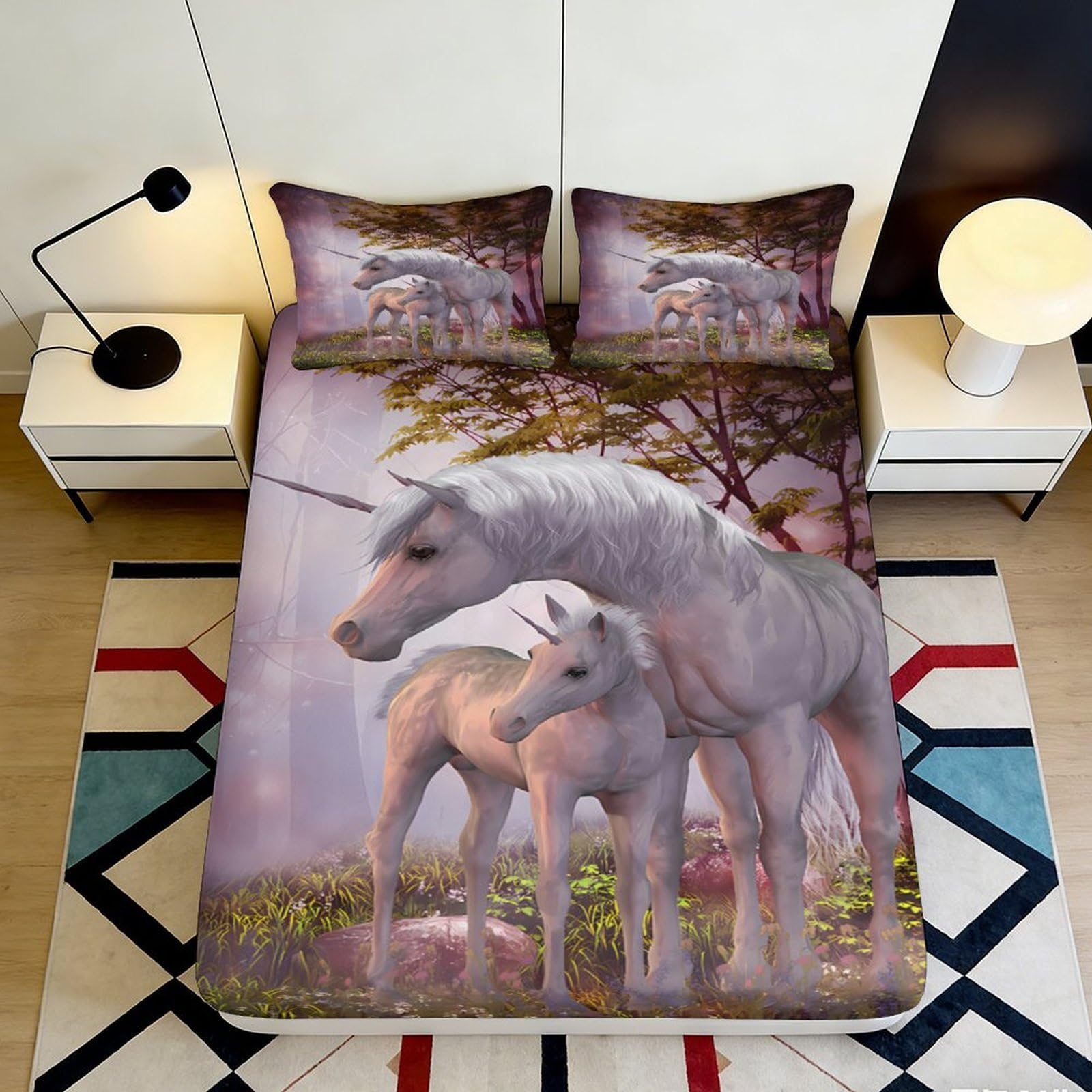 3D Printed Magical Unicorn Fitted Sheet Microfiber Soft Breathable Fantasy Forest Bed Cover for Bedroom Dorm Mattress Protection Decor 160x200x25cm
