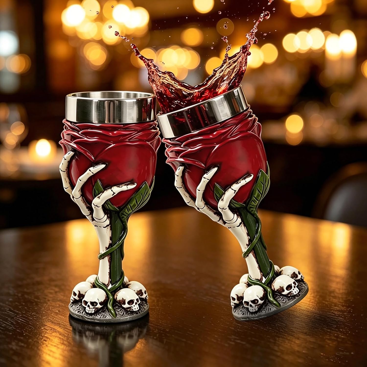 Skeleton Rose Goblet, 7oz Skull Ghost Hand Holding Rose Wine Chalice Stainless Steel Coffee Drinking Mug for Halloween Decor, Romantic Drinkware Gift for Wedding Party Valentine’s Day