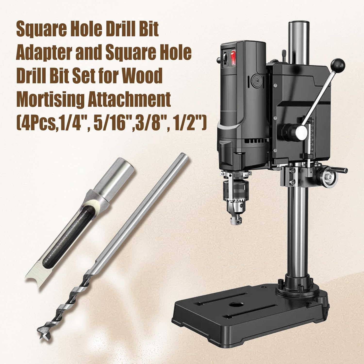 Square Hole Drill Bit Adapter and 4 pcs Square Hole Drill Bits, Easy Installation and Disassembly Mortising Attachment for Drill Press, Mortise Machine, Power Tool Accessory for Drill Machines