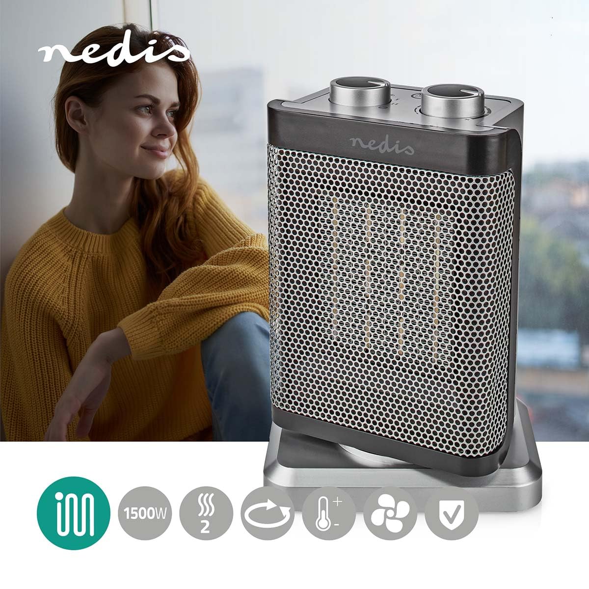 Nedis HTFA17GY ceramiczny termowentylator PTC, 1000/1500 W, 2 tryby ogrzewania, regulowany termostat, automatycznie obrotowy, ochrona przed przegrzaniem, ochrona przed potknięciem