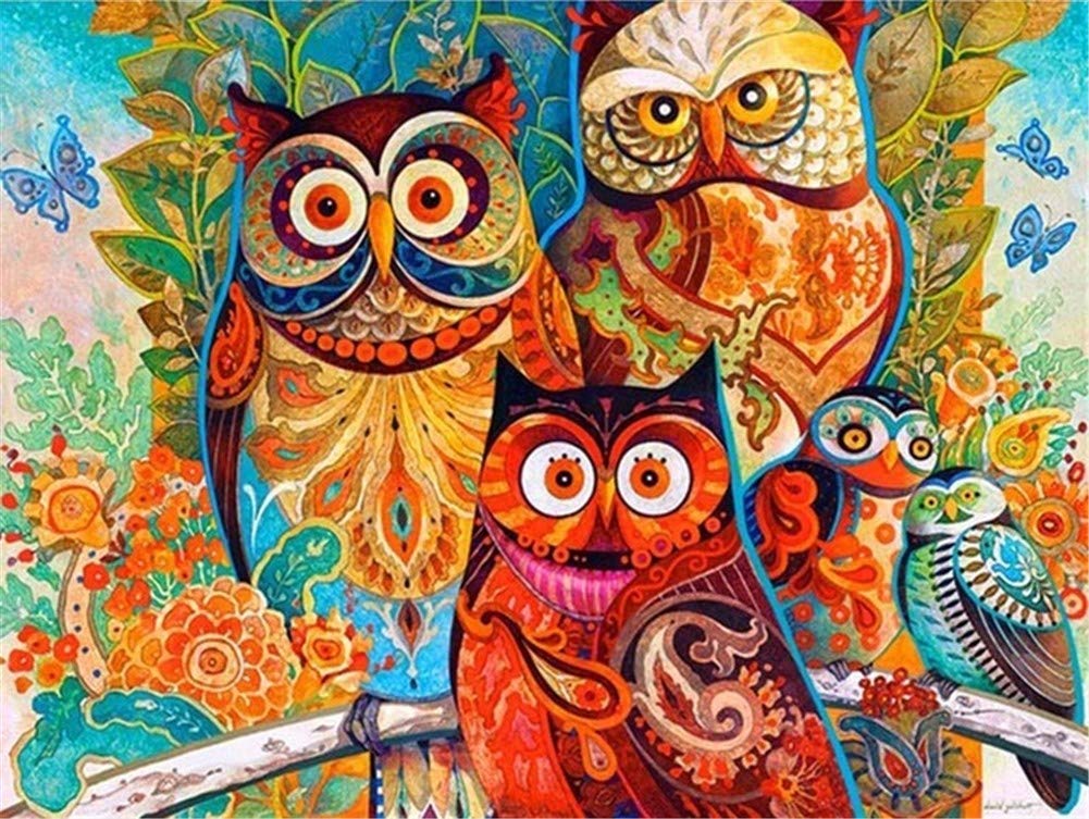 DIY 5D Diamante Pintura Bordado Kits Completo Búho colorido Diamond Painting Adultos/Niños Rhinestone Punto de Cruz Diamante Arte Artesanía Casa Decoración de La Pared Round Drill,70x90cm/28x36inch