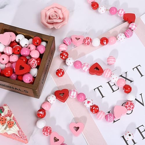 Miniatura 4 de Whaline 220 cuentas de madera para el día de San Valentín cuentas de corazón rosa y rojo cuentas de madera redondas coloridas con cuerda de cáñamo
