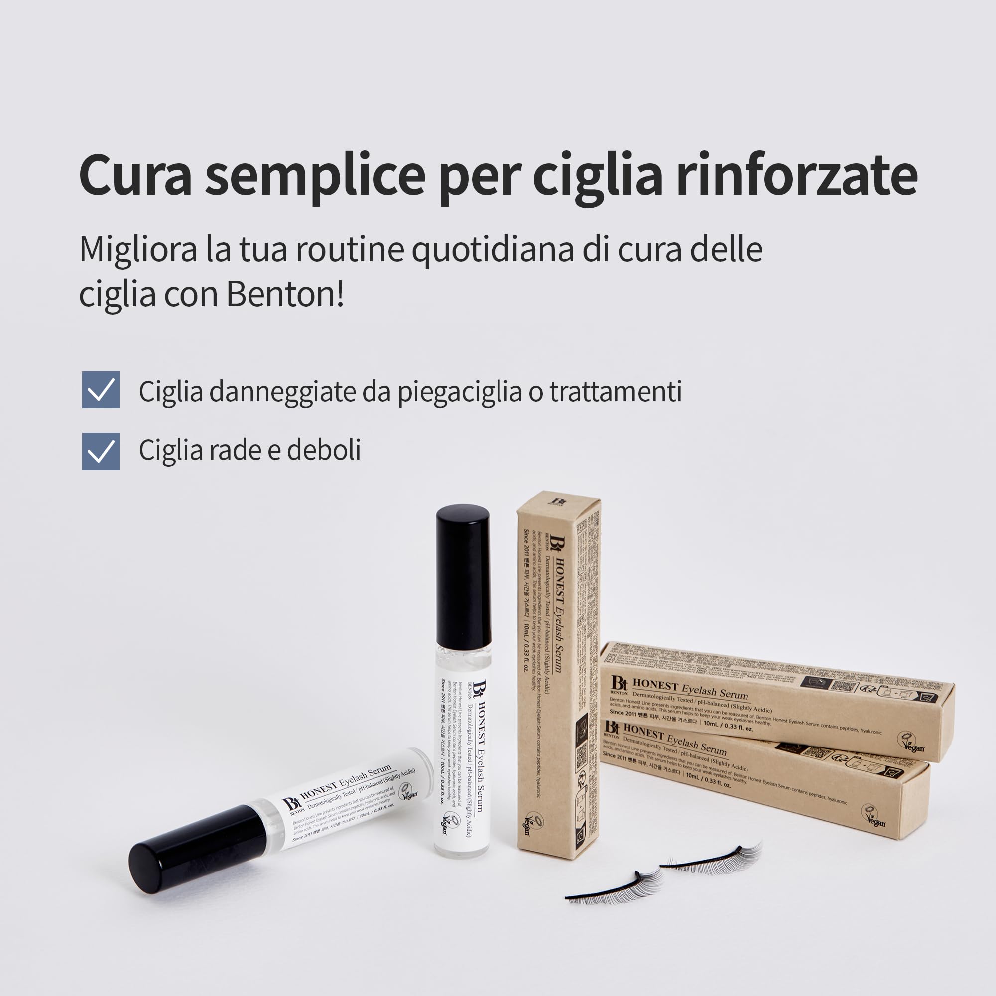 BENTON HONEST Eyelash Serum - Siero per ciglia per la cura della pelle coreana con acido ialuronico e peptidi | Siero per la crescita delle ciglia e delle sopracciglia (10 ml)