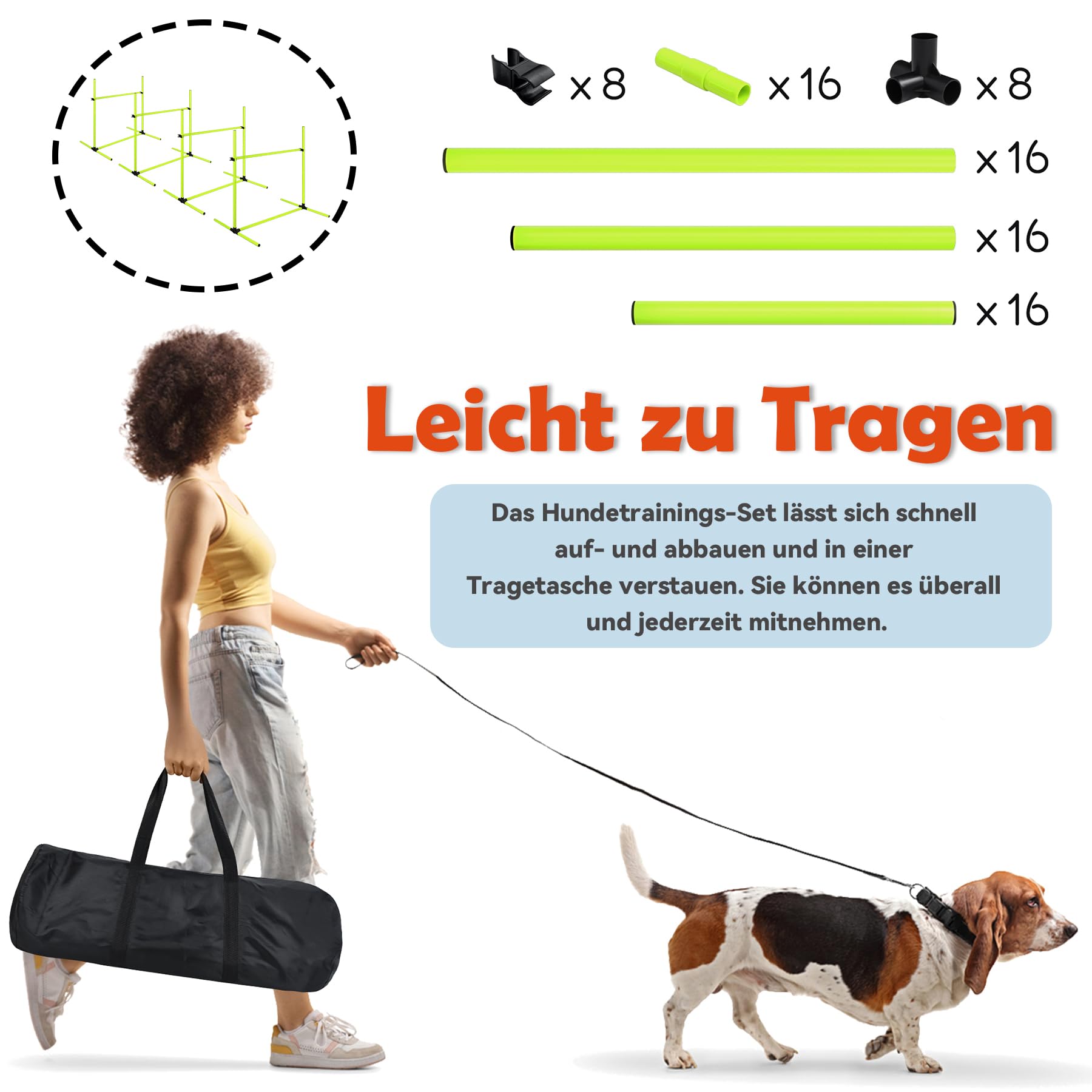 Agility Set Hunde Ausrüstungs 4 x Hürden Höhenverstellbar, Agility Hürdenset Slalomstangen mit Tragetasche, Haustier Agility Trainingsgeräten Hunde Training Set, 104 x 70 x 101 cm, Grün
