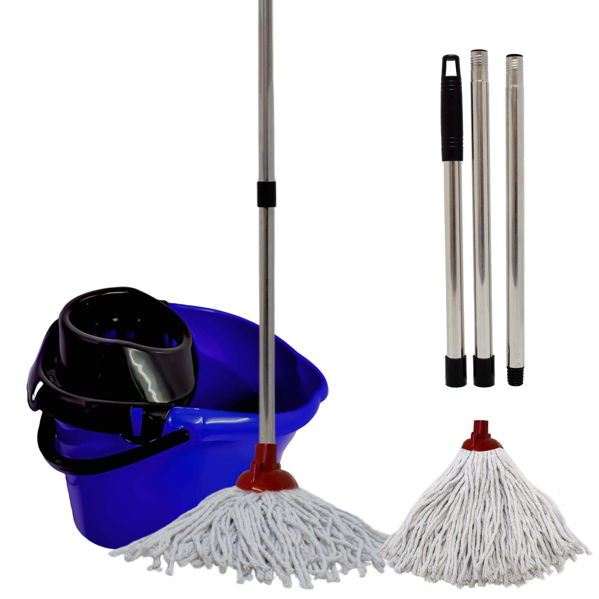 KMJ Mop and Buckets Sets(2 Red Mop Heads & 1 Steel Pole) with Detachable Wringer- Plastic Mop and Bucket- Durable Plastic Bucket and Floor Mop Microfibre Mop and Bucket Set
