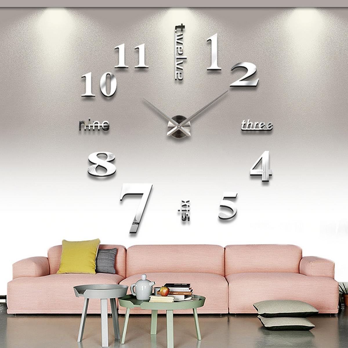 Yesurprise Large 3D Frameless Wall Clock Modern DIY Wall Decoration for Living Room Bedroom Office (Sliver)