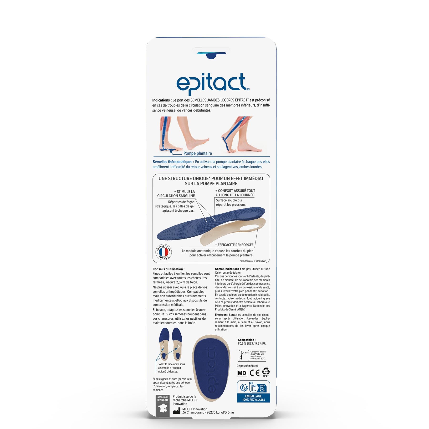 EPITACT | Semelles Thérapeutiques Jambes Légères | Soulagent les Jambes Lourdes et Douloureuses Dès 2 Jours | Stimulent la Circulation Sanguine dans les Jambes | Effet Massant (M (39-41))
