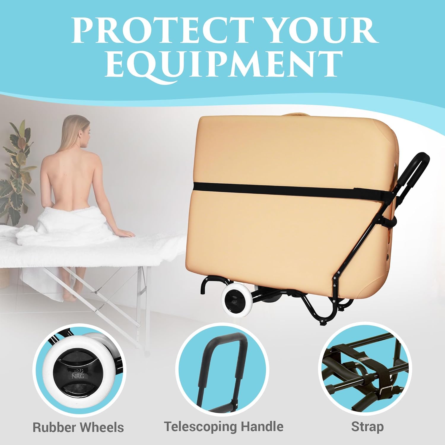Sporty Massage Table Cart by NRG - Portable Massage Table Carrier Trolley with Rubber Wheels, Telescoping Handle and Strap - Fits All Brands - Sturdy, Light, Durable - Fully Assembled, Ready to Use