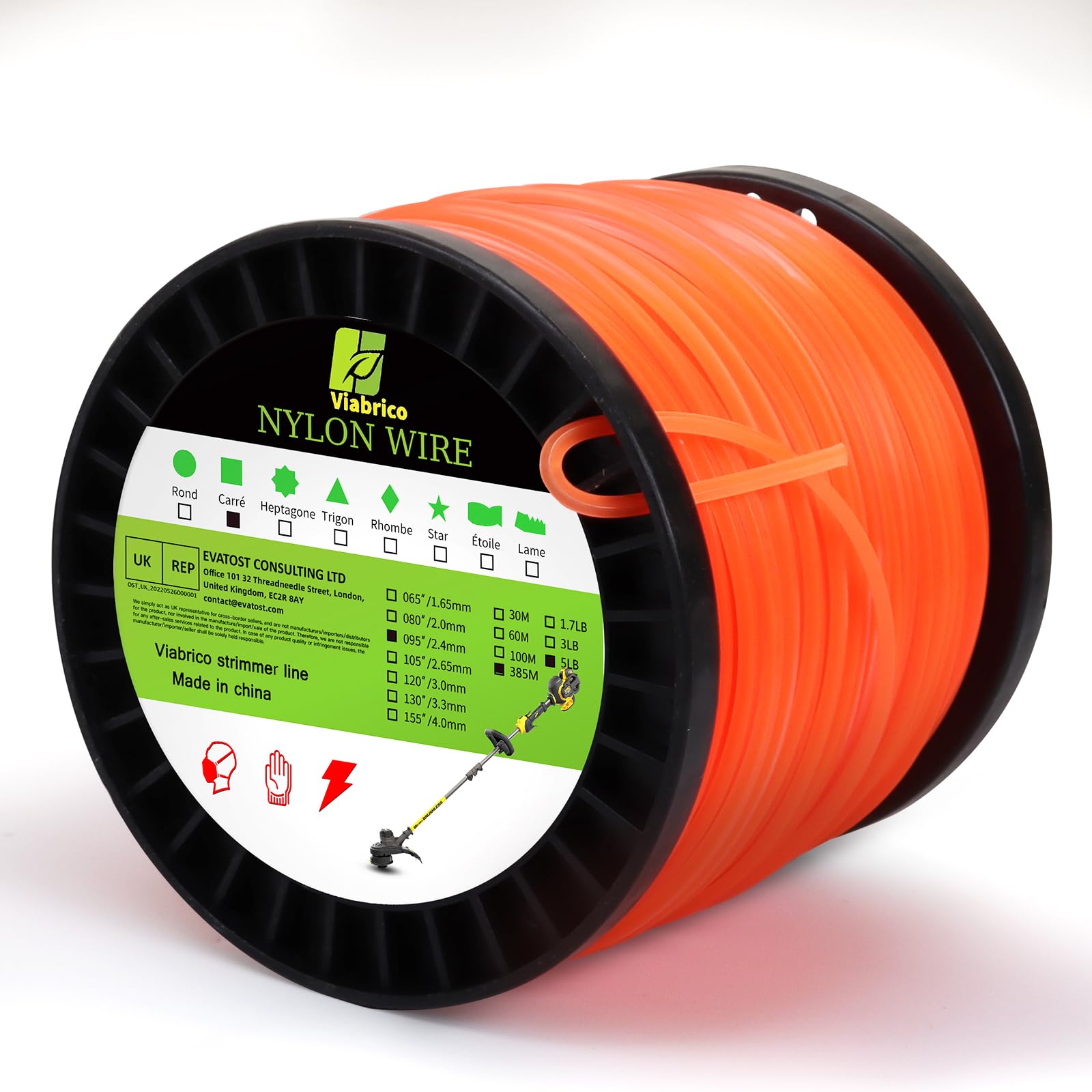 Viabrico 2,4 mm Rasentrimmerschnur, Unkrautvernichter, kommerzielle Qualität, quadratische Nylonschnur, Ersatz für Rasentrimmer, Unkrautschneider, 2,4 mm - 380 m - 2,3 kg Spule