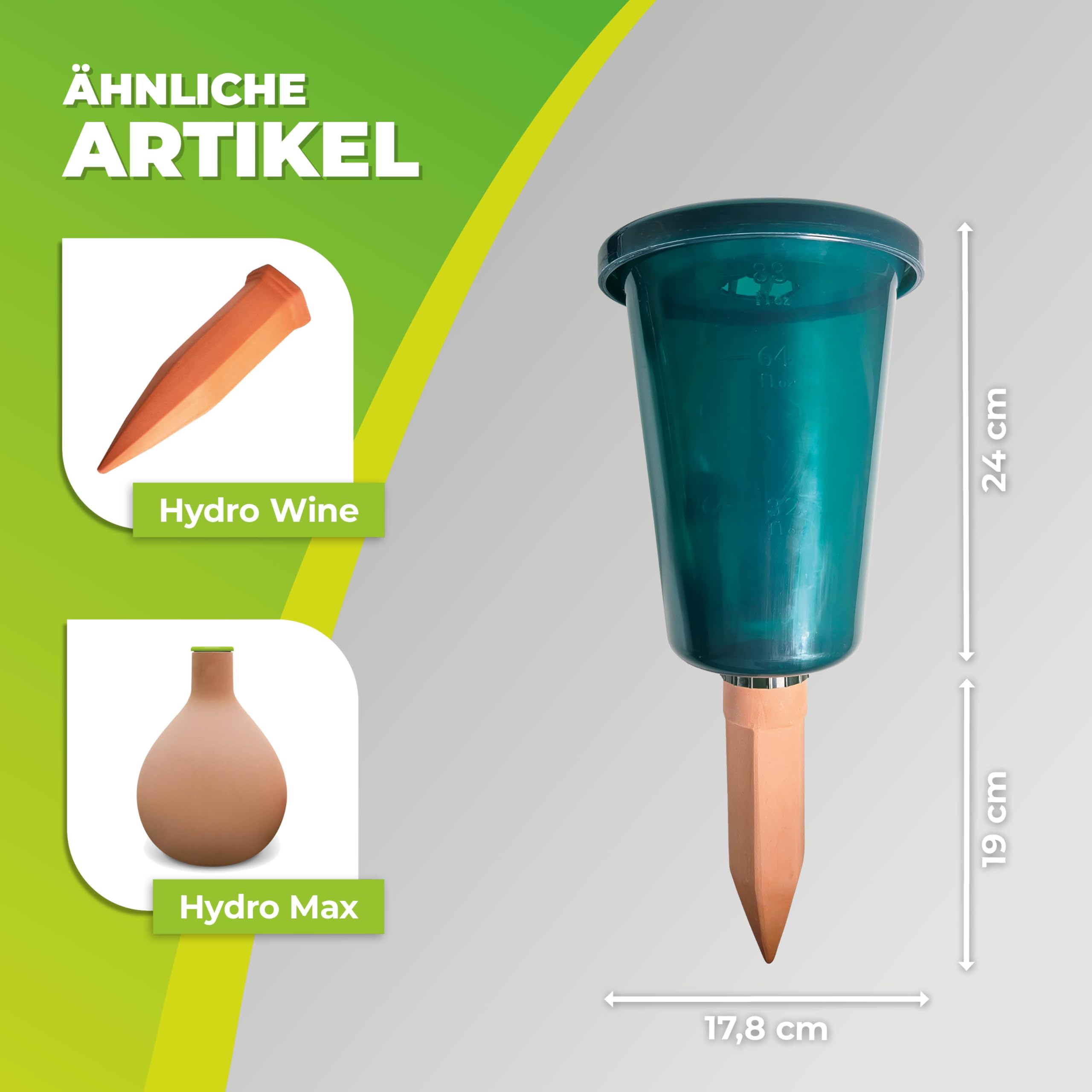 Bio Green 4er-Set Bewässerungssystem für Hochbeete Hydro Cup | konstante, gleichmäßige Wasserversorgung | verhindert Übergießen und Austrocknen | Set aus 4 Tonkegeln und 4 Becheraufsätzen | 2,5 Liter