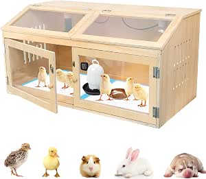 Large Wooden Chicken Brooder Box with Heating Lamp, Thermometer, Sliding Drawer, and Viewing Panels - 32 inches