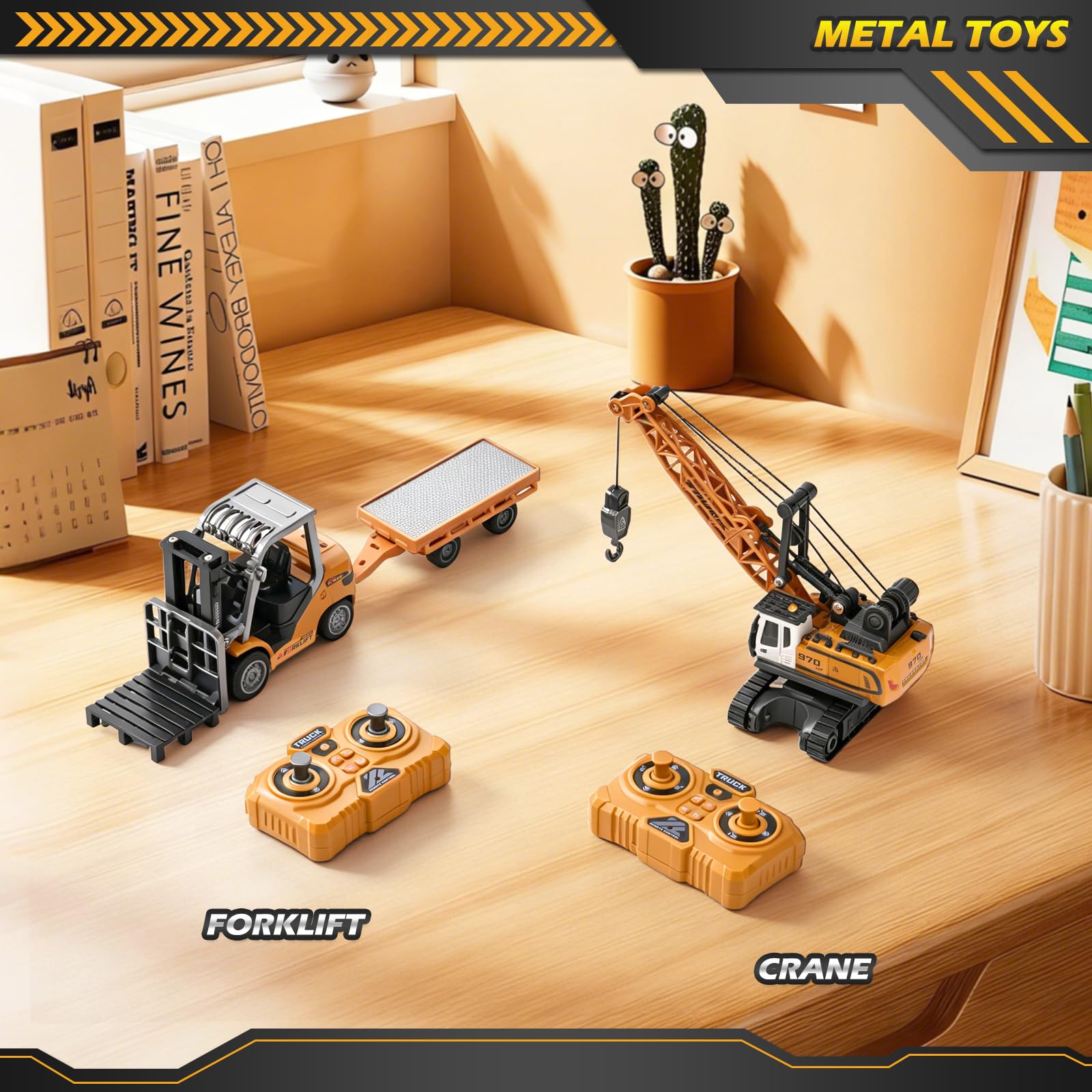 Mini Carrello Elevatore Giocattolo in Metallo con Rimorchio, 1:64 Carrello Elevatore Telecomandato con App e Telecomando 2,4 GHz, 3 Velocità, Forche, Gancio e Pallet, Veicolo da Cantiere RC