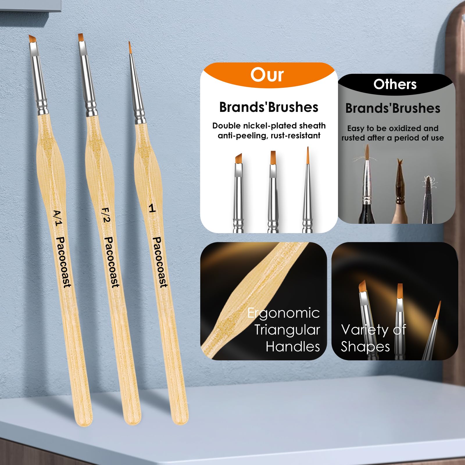 Juego de 12 pinceles en miniatura para detalles finos y pintura artística, pincel pequeño perfecto para acrílico, pintura por número, figurilla, manualidades, modelos (plata, madera)