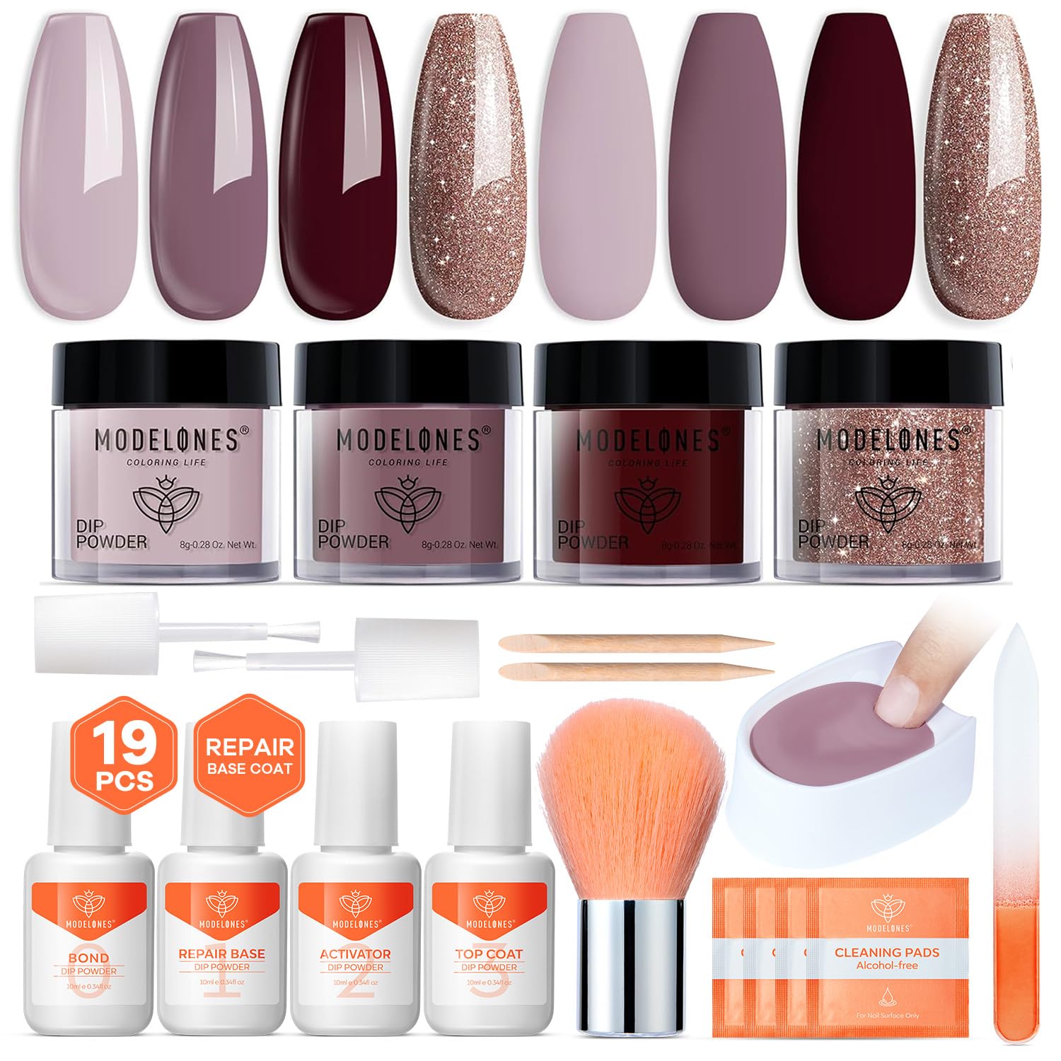 Modelones Dip Powder Nail Kit, 4 Colors Purple Glitter Dipping Starter Set with Liquid and Complete Accessories for French Nails Art Salon DIY at Home Manicure