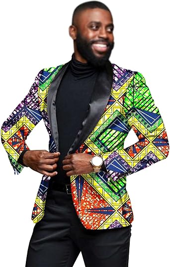 Men`s Blazer African Print Jacket Coats One Button Slim Fit Floral Formal Outwear Ankara Dress Suit