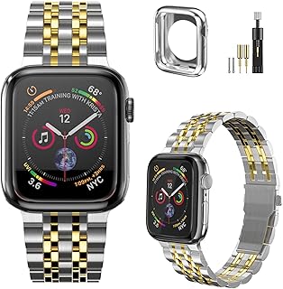 Fitlink Luxury Apple Watch Bands for Apple Watch Series 7 Apple Watch 6/5/4/3/2/1/SE, Upgraded Stainless Steel Metal Watch Band for Apple Watch Band 38/40/41/42/44/45mm(Silver/Gold,42/44/45mm)