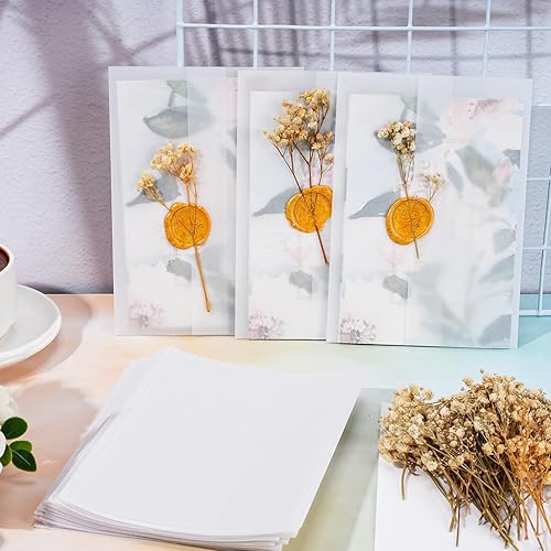 Miniatura 6 de Juego de 50 envolturas de invitaciones de boda, 50 piezas de papel preplegadas de vellum para invitaciones de 5 x 7 pulgadas, 100 flores naturales