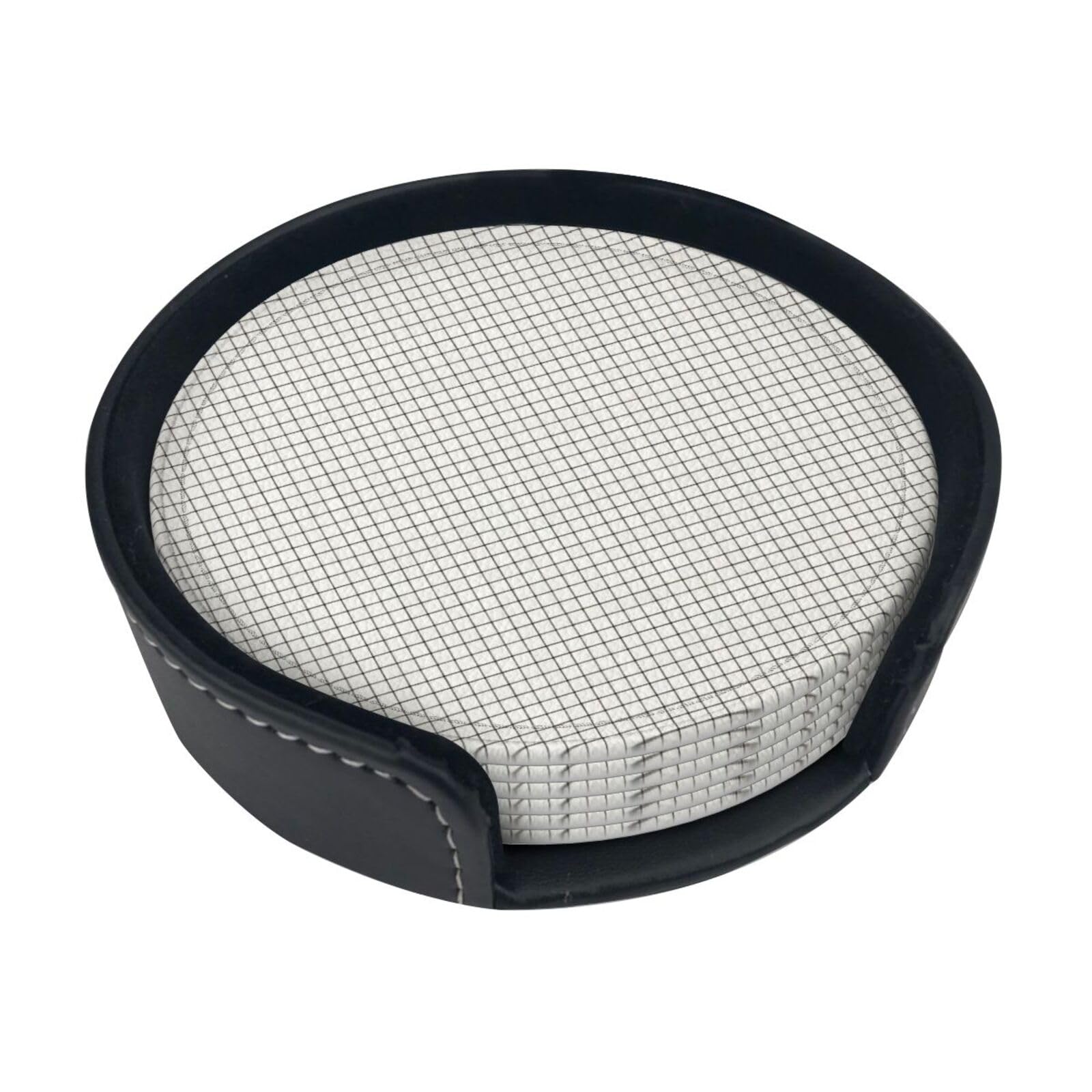 Cntdbu White Black Plaid Leather Coasters Set Of 6-Pu Leather Drink Mats For Table, Heat Resistant Round Coasters With Holder