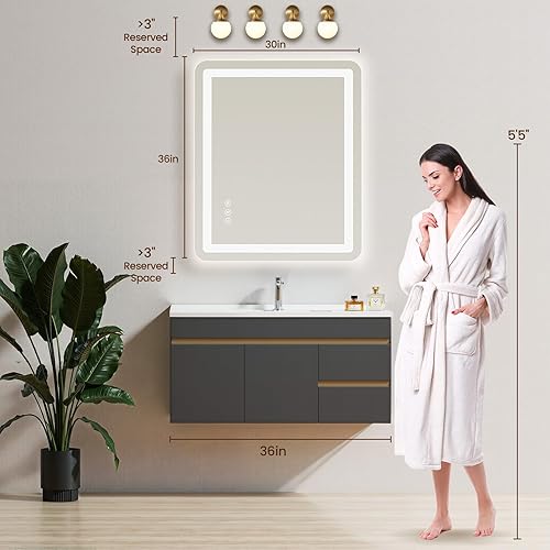 Miniatura 5 de Espejo de baño LED de 30 x 36 pulgadas con luces, antiniebla e iluminación tricolor, espejo de afeitar montado en la pared con sensor táctil, espejo