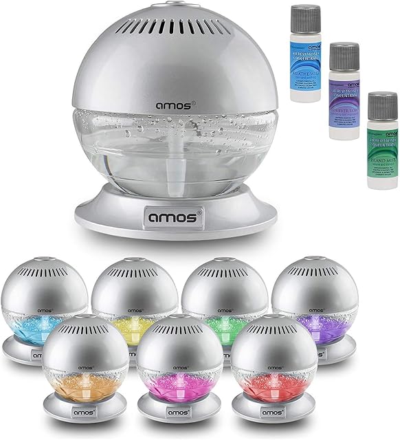 AMOS Globe Revitaliser with Base Fresh Air Purifier Freshener Cleaner Ioniser with Colour Changing LED Light & 3 x 10ml Fragrances Essence Aroma (Silver), 1 - Pack