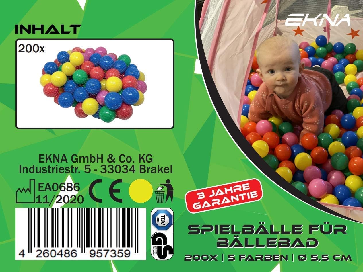EKNA Spielbälle Ø 5cm - Bällebad Bälle 200 Stück - Bunte Auswahl für Bällebad-Pool - Plastikbälle Baby-Bälle Farben Hellgrün Hellblau Gelb Rosa Weiß Lila