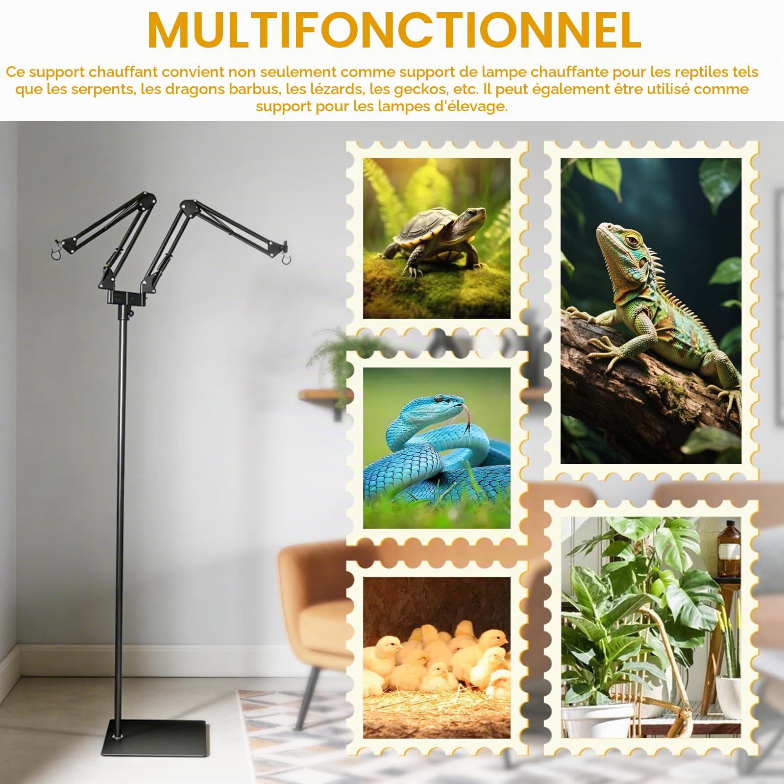 Support de Lampe Réglable pour Reptile, Chauffant pour Aquarium Tortue, Rotation à 360° Support de Lampe pour Terrarium avec 2 Crochets pour Tortue, Terrarium, Réservoir en Verre, Cages