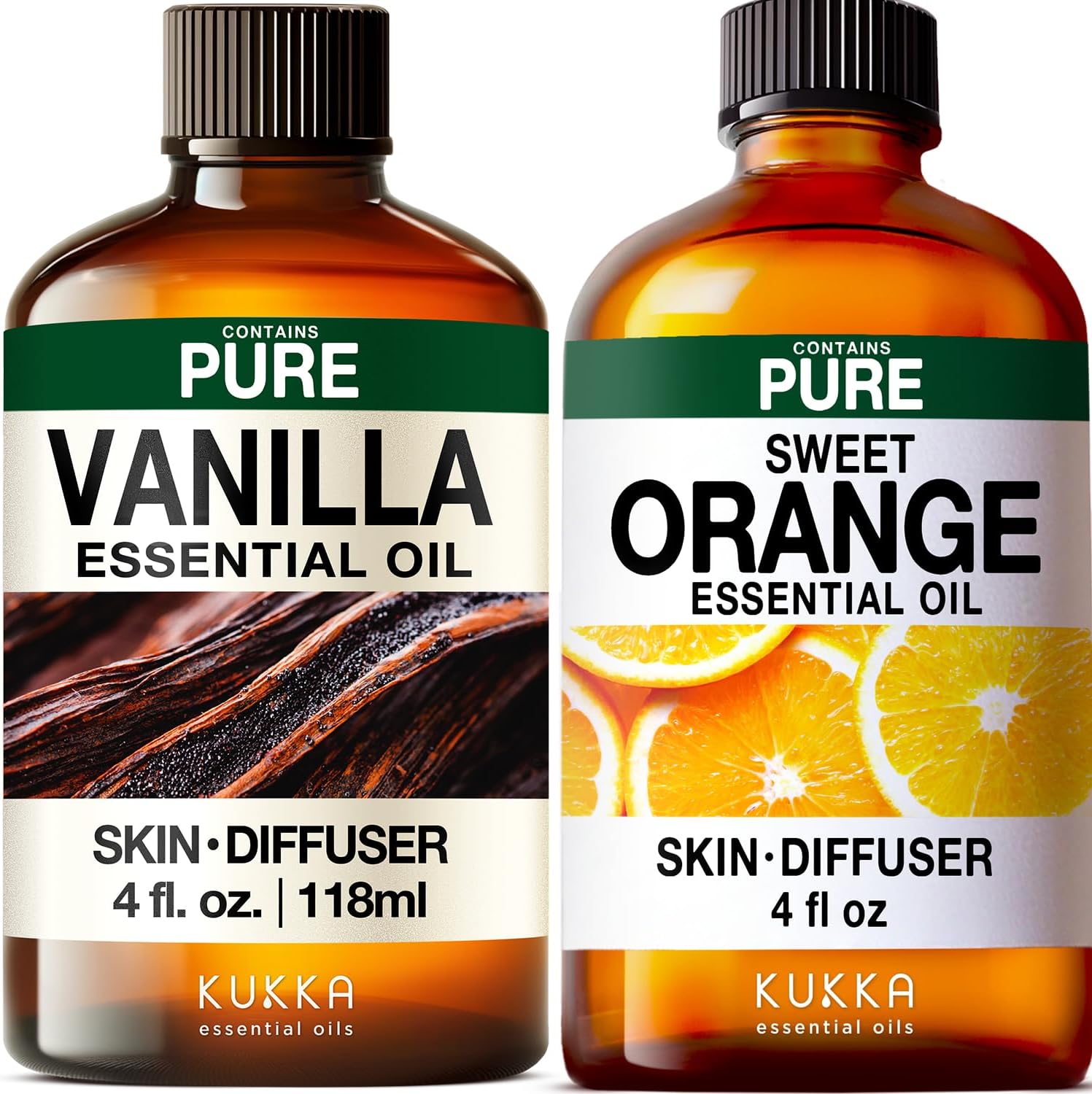 Vanilla Essential Oil for Diffuser & Orange Essential Oil for Diffuser Set - Aromatherapy Grade Essential Oils Set - 2x4 fl oz - Kukka