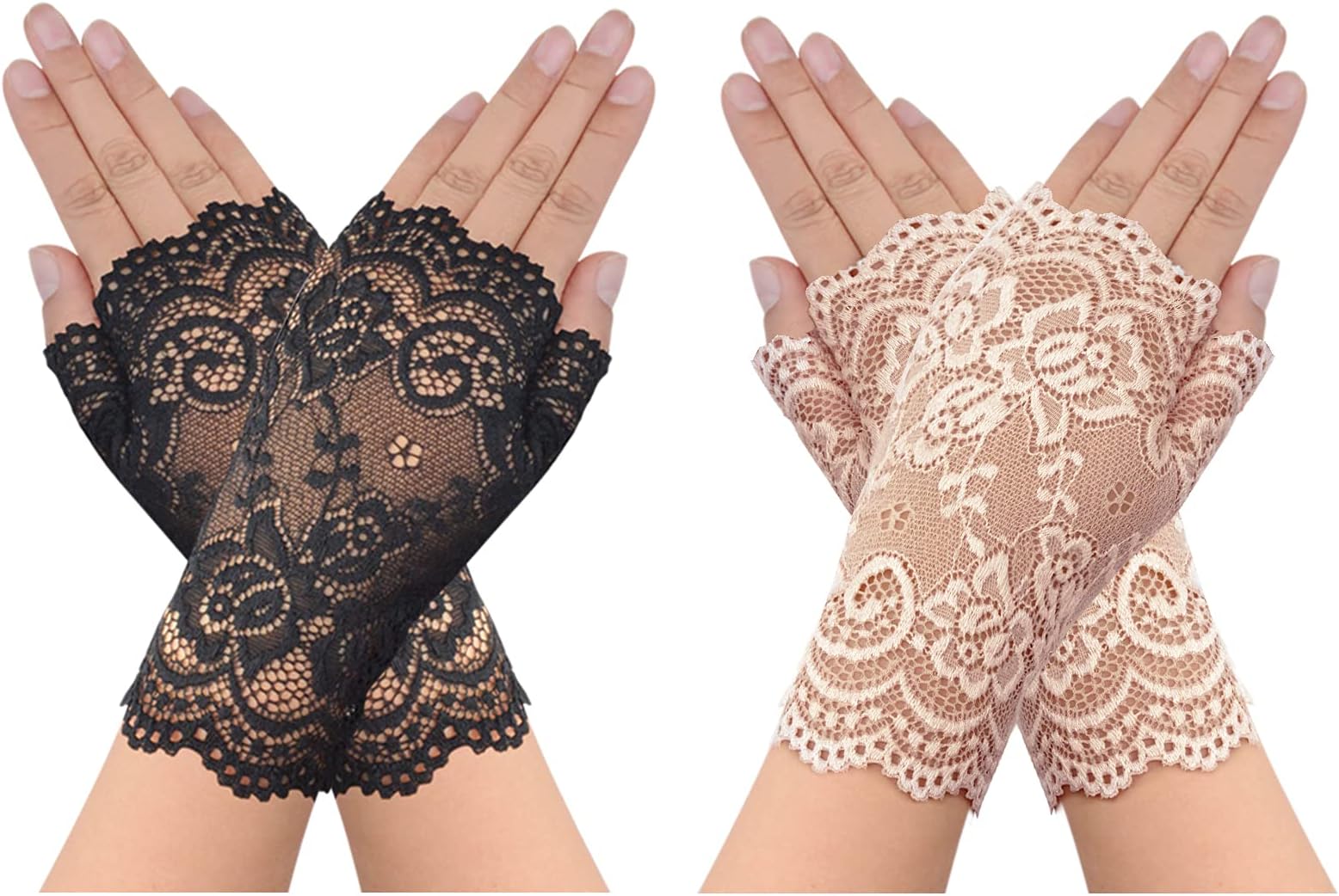 obmwang 2 Pairs Women's Lace Gloves Fingerless Floral Gloves Bridal Prom Gloves for Wedding Party Costume Accessories