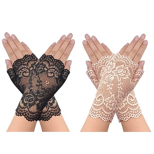 obmwang 2 Pairs Women's Lace Gloves Fingerless Floral Gloves Bridal Prom Gloves for Wedding Party Costume Accessories - Black,apricot