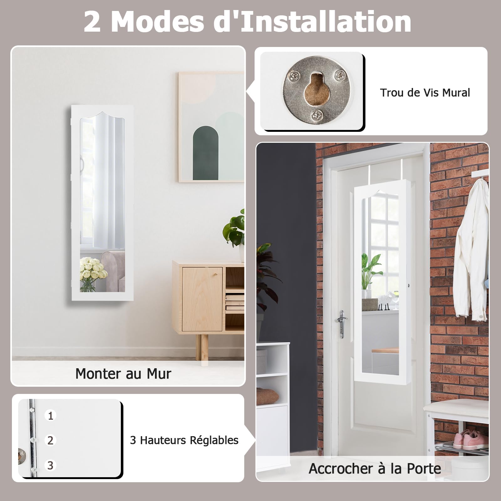 GOPLUS Armoire à Bijoux Mural avec Miroir et Lumière LED, Armoire de Rangement Mural, Accrochée à la Porte avec Serrure, Meuble de Rangement, Miror Porte-Bijoux 120 x 36,5 x 11,5CM, Blanc