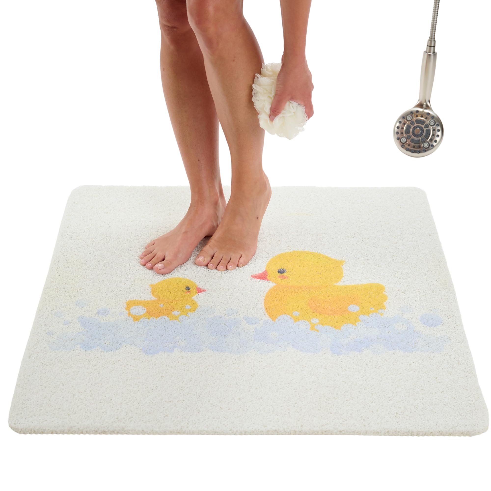 ENKOSI Loofah Shower Mat for Kids – Non-Slip Square Bath Mat with Duck Print – Extra Large 31x31 Mat for Inside Shower, Bathroom, Tubs– Soft, Kid-Friendly, and Secure (31x31 Duck)