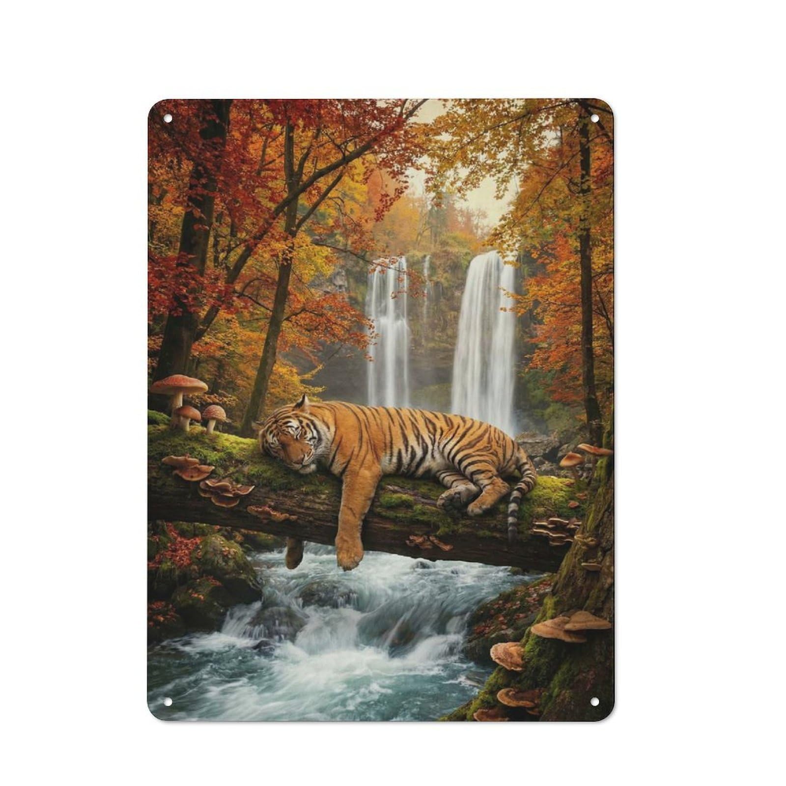 Classic Vintage Metal Sign 40x30cm Featuring Resting Tiger by Waterfall in Autumn, Home Bar Decor for Cafe, Pub, Workshop Or Home Bar