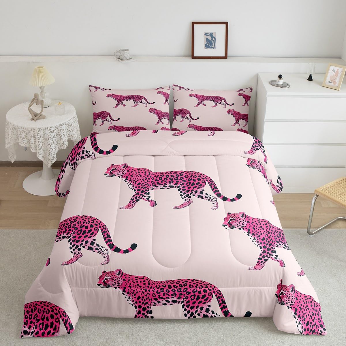 Linge de lit guépard rose haut de gamme Manfei parure de lit douce 2 pièces