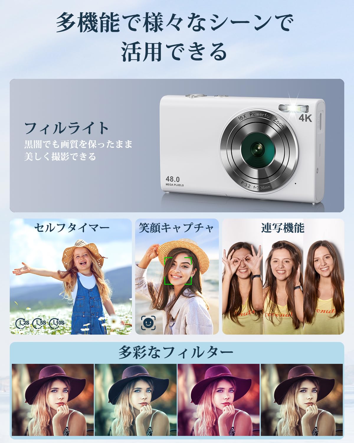 Amazon | デジタルカメラ 4K オートフォーカス 4800万画素 【32GB SD