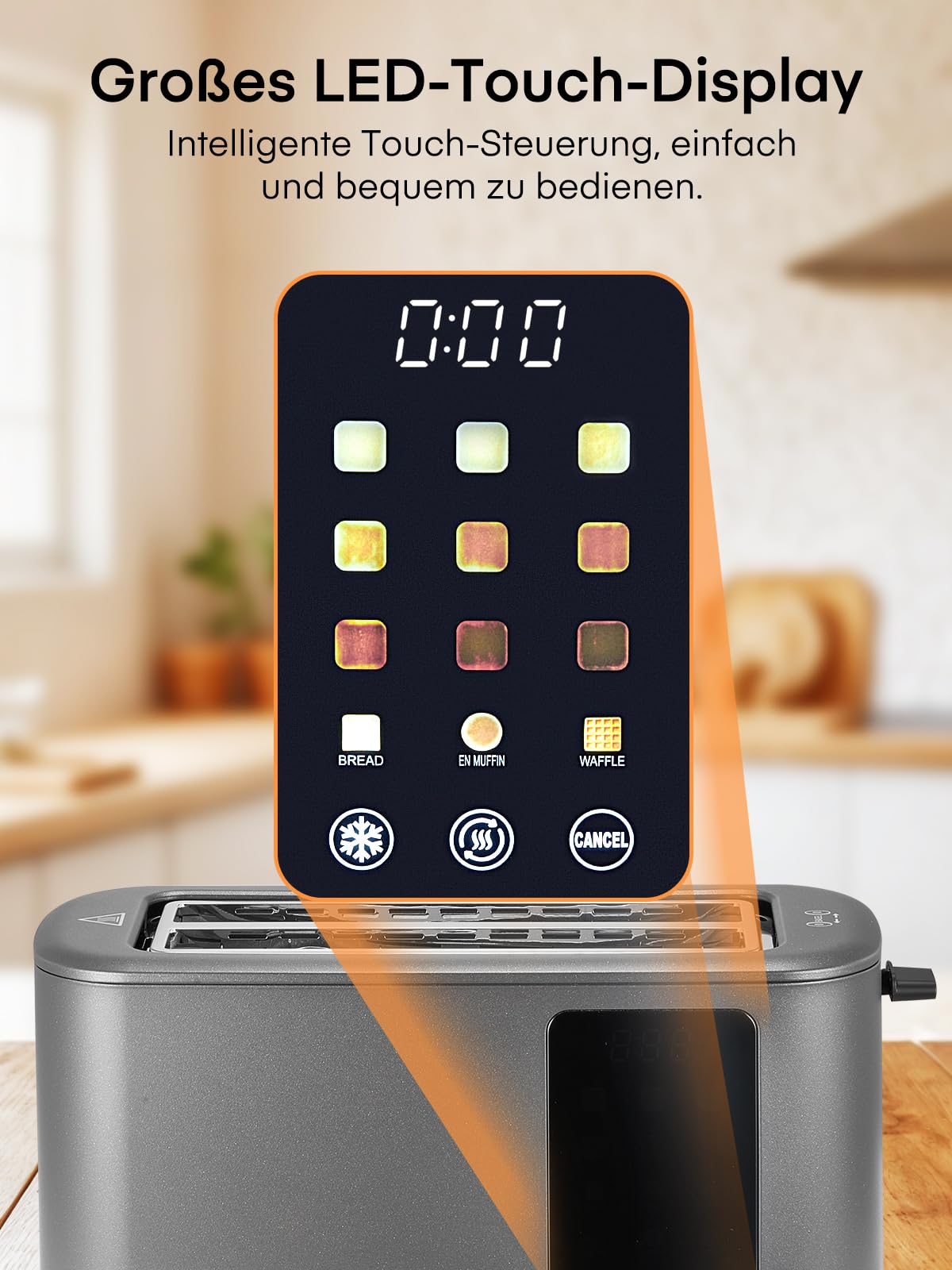 Toaster 4 Scheiben, 1400W Edelstahl Langschlitz Toaster, 9 Farbeinstellungen und 3 Brotsorten, Abbruch/Auftau/Aufwärmfunktion,Touchscreen Bedienung, mit Brötchenaufsatz, Grau