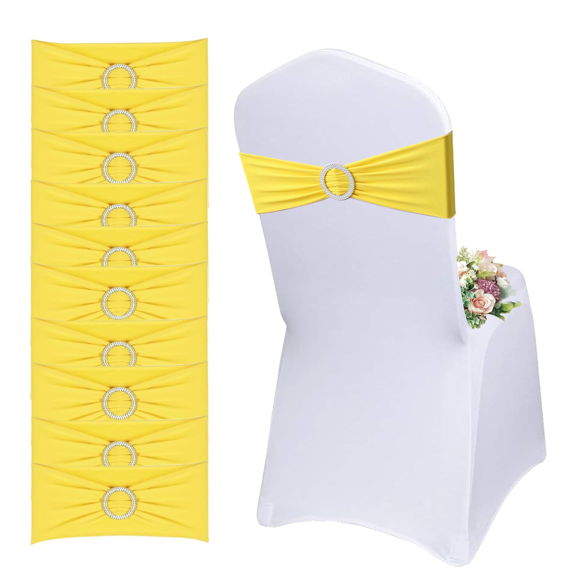 50 Bandas Elásticas para Sillas con Hebilla, Lazos Elásticos para Silla para Decoración de Sillas, Bodas, Banquetes, Recepciones, Fiestas De Cumpleaños (Amarillo)