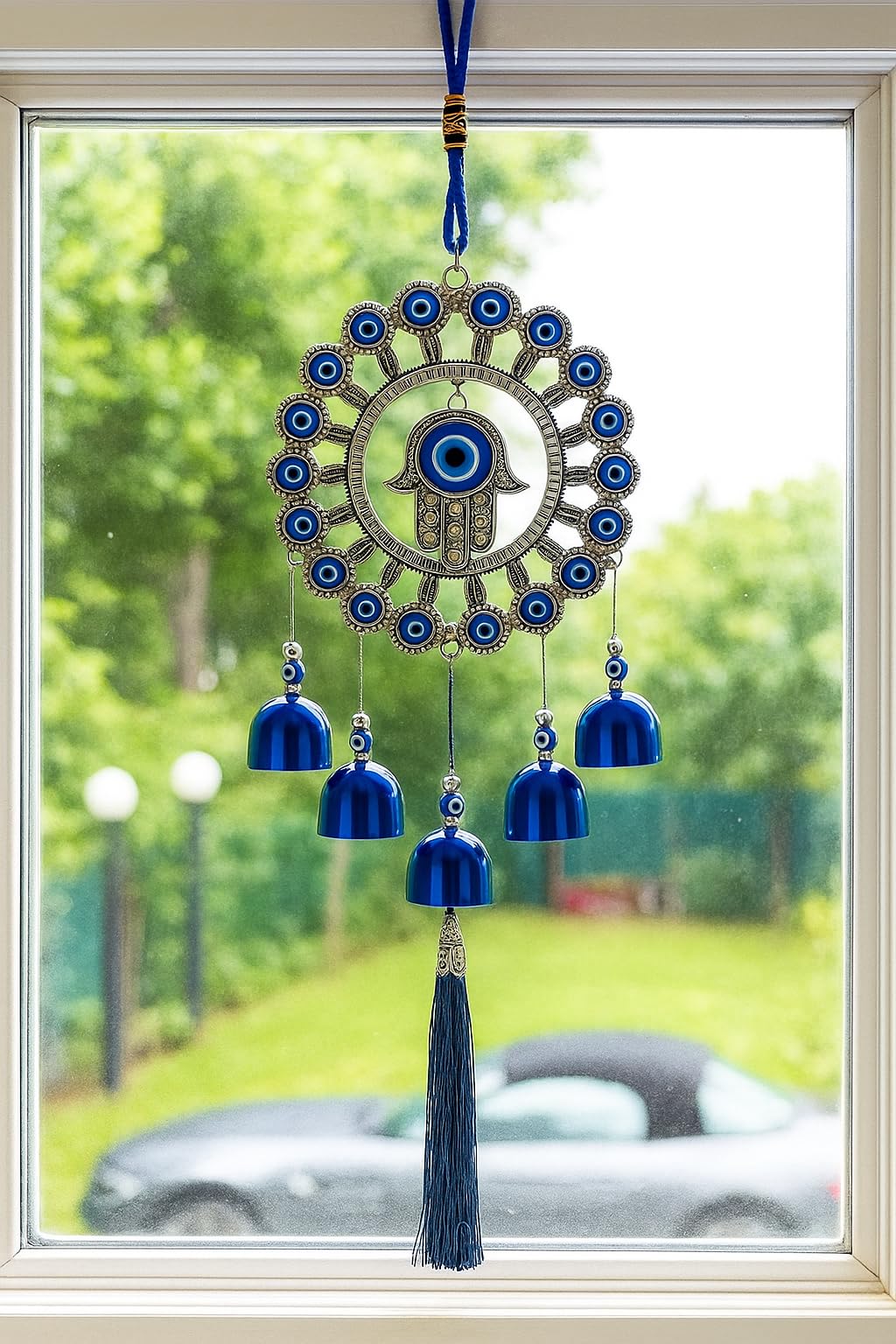 ThincAmaxe Evil Eye Hamsa Hand Wind Chime for Home, Car & Office | Blue Nazar Protection Hanging with Bells & Tassel | Decorative Wall Hanging for Good Luck & Positive Energy-image-39